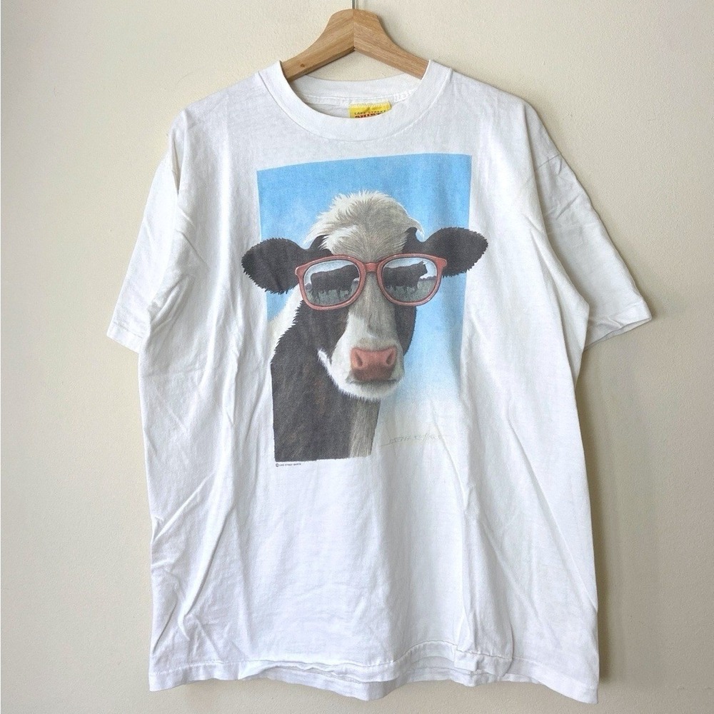 Vintage 90's Cow Bull Sunglasses Animal Art White Tee Shirt -‎ L/XL